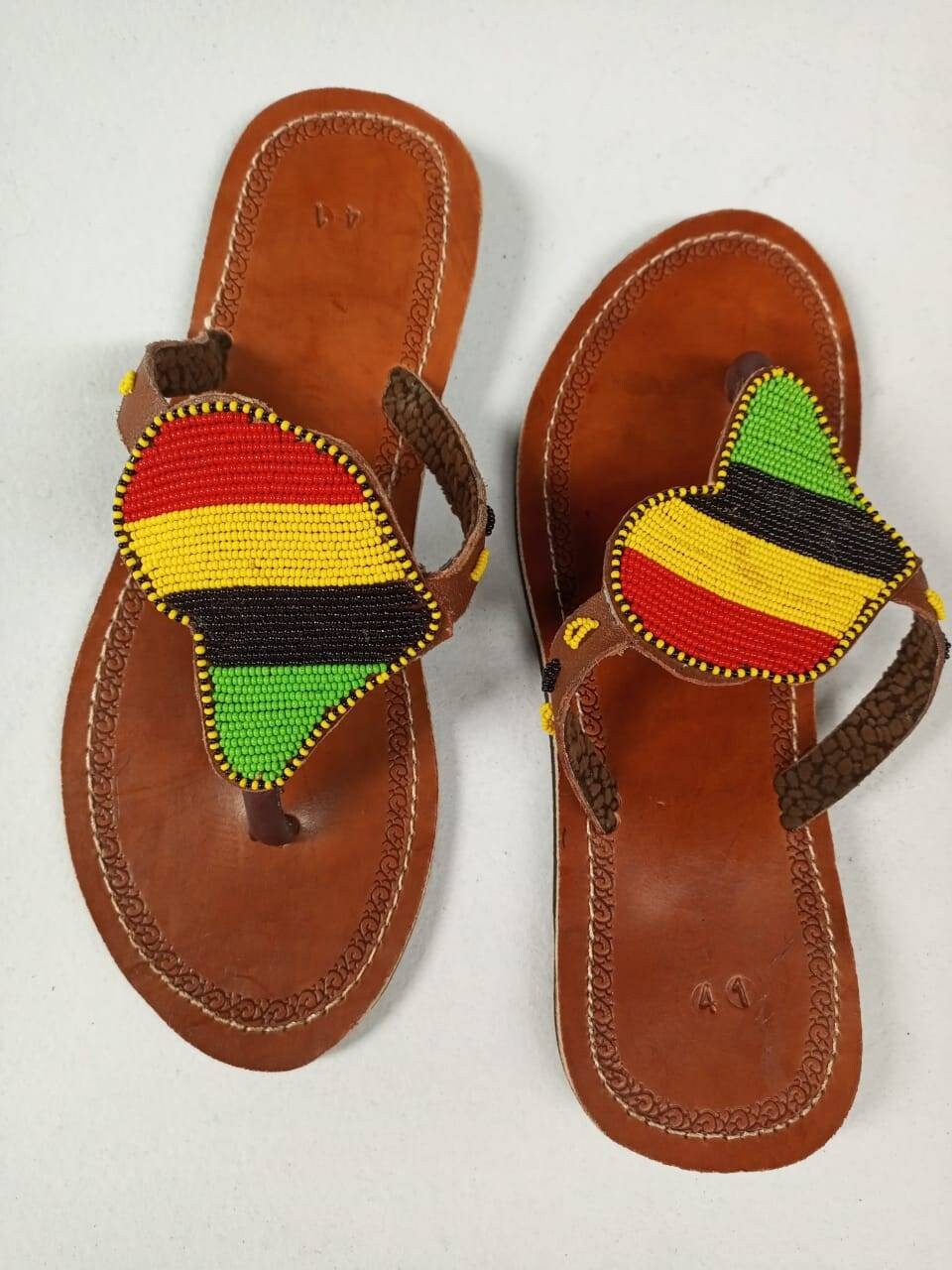 Handmade African Beaded Sandals/Authentic Maasai-Style Leather Flip-Flops Women/Boho Beach Sandals/Comfortable Summer Sandal African Gifts