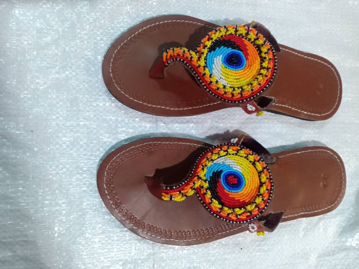 Handmade African Beaded Sandals/Authentic Maasai-Style Leather Flip-Flops Women/Boho Beach Sandals/Comfortable Summer Sandal African Gifts