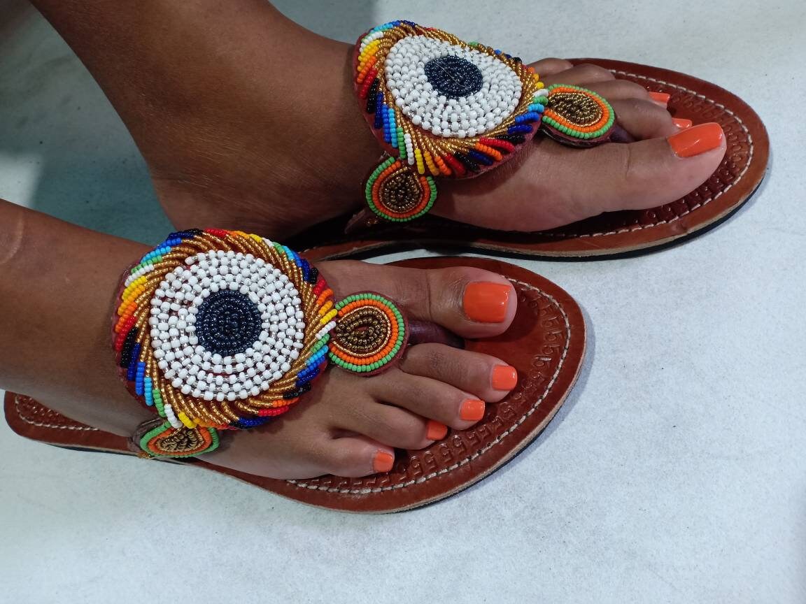Handmade African Beaded Sandals/Authentic Maasai-Style Leather Flip-Flops Women/Boho Beach Sandals/Comfortable Summer Sandal African Gifts
