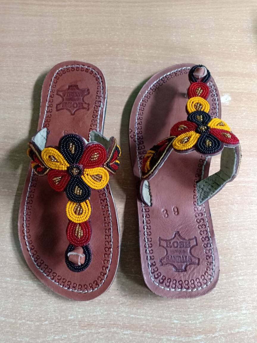 Handmade African Beaded Sandals/Authentic Maasai-Style Leather Flip-Flops Women/Boho Beach Sandals/Comfortable Summer Sandal African Gifts