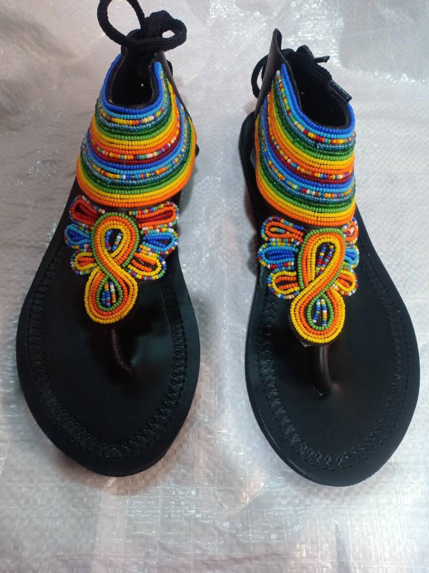 Handmade African Beaded Sandals/Authentic Maasai-Style Leather Flip-Flops Women/Boho Beach Sandals/Comfortable Summer Sandal African Gifts