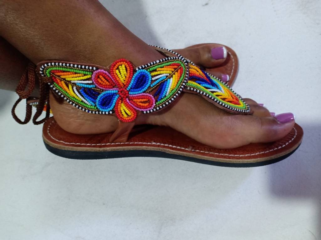 Handmade African Beaded Sandals/Authentic Maasai-Style Leather Flip-Flops Women/Boho Beach Sandals/Comfortable Summer Sandal African Gifts