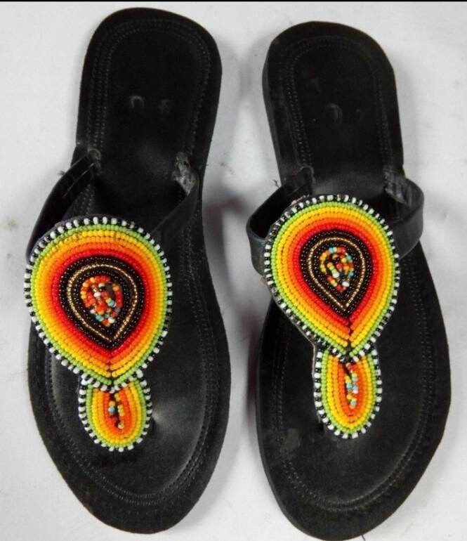 Handmade African Beaded Sandals/Authentic Maasai-Style Leather Flip-Flops Women/Boho Beach Sandals/Comfortable Summer Sandal African Gifts
