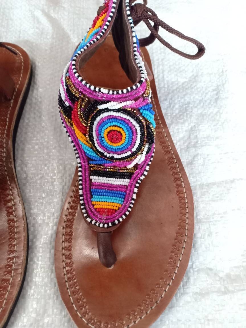 Handmade African Beaded Sandals/Authentic Maasai-Style Leather Flip-Flops Women/Boho Beach Sandals/Comfortable Summer Sandal African Gifts