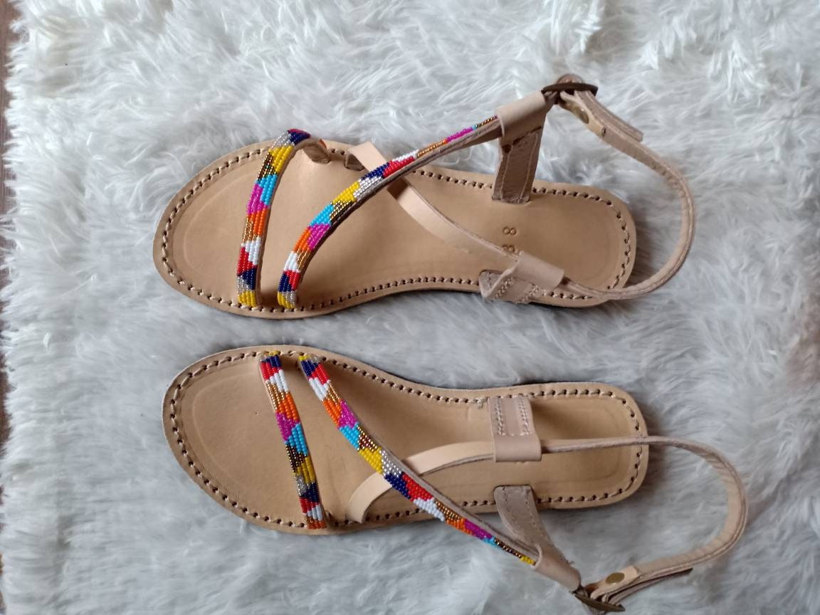 Handmade African Beaded Sandals/Authentic Maasai-Style Leather Flip-Flops Women/Boho Beach Sandals/Comfortable Summer Sandal African Gifts