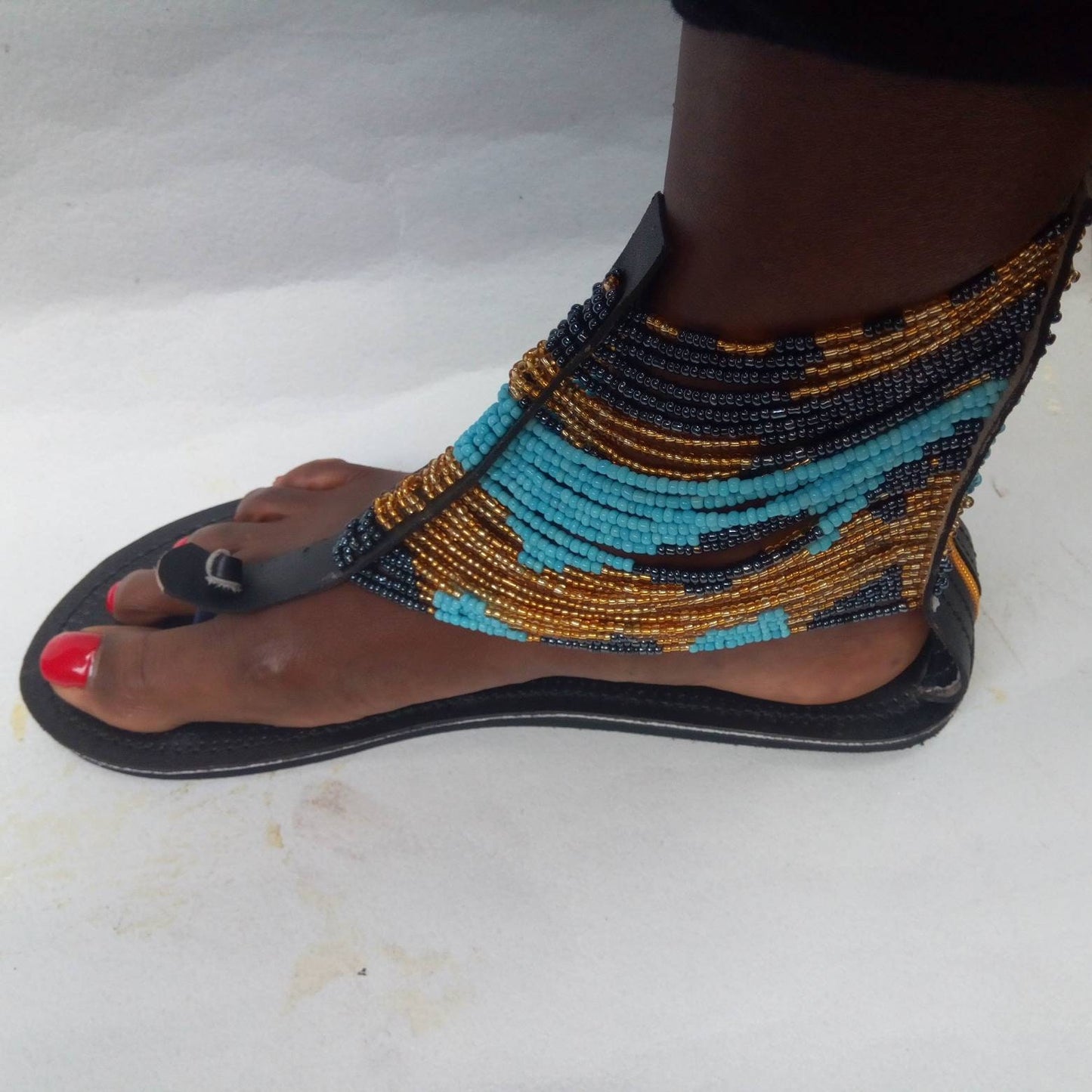Handmade African Beaded Sandals/Authentic Maasai-Style Leather Flip-Flops Women/Boho Beach Sandals/Comfortable Summer Sandal African Gifts