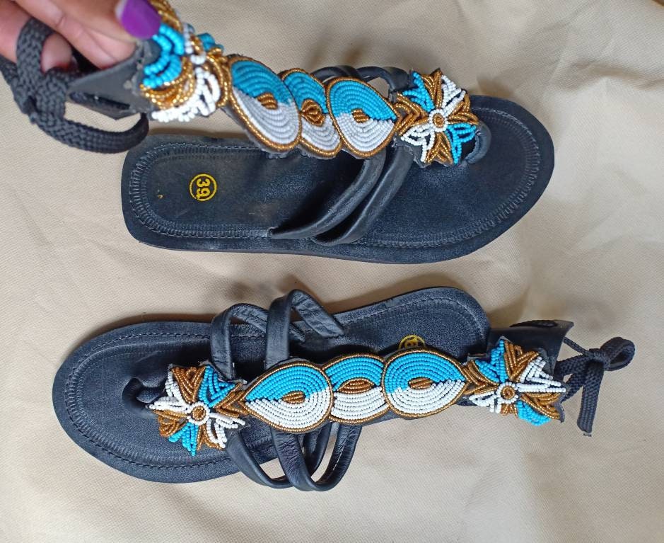 Handmade African Beaded Sandals/Authentic Maasai-Style Leather Flip-Flops Women/Boho Beach Sandals/Comfortable Summer Sandal African Gifts