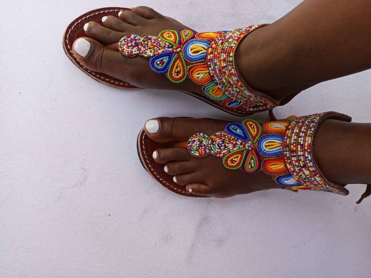 Handmade African Beaded Sandals/Authentic Maasai-Style Leather Flip-Flops Women/Boho Beach Sandals/Comfortable Summer Sandal African Gifts