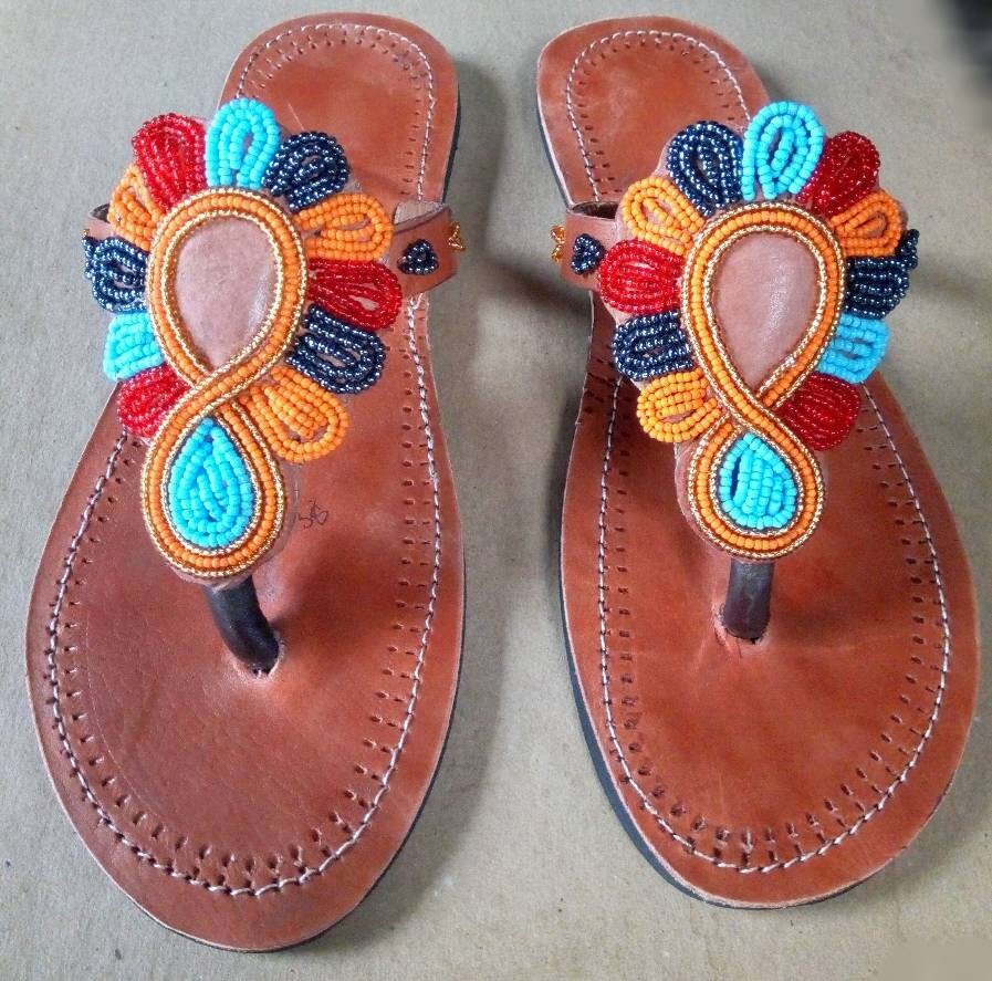 Handmade African Beaded Sandals/Authentic Maasai-Style Leather Flip-Flops Women/Boho Beach Sandals/Comfortable Summer Sandal African Gifts