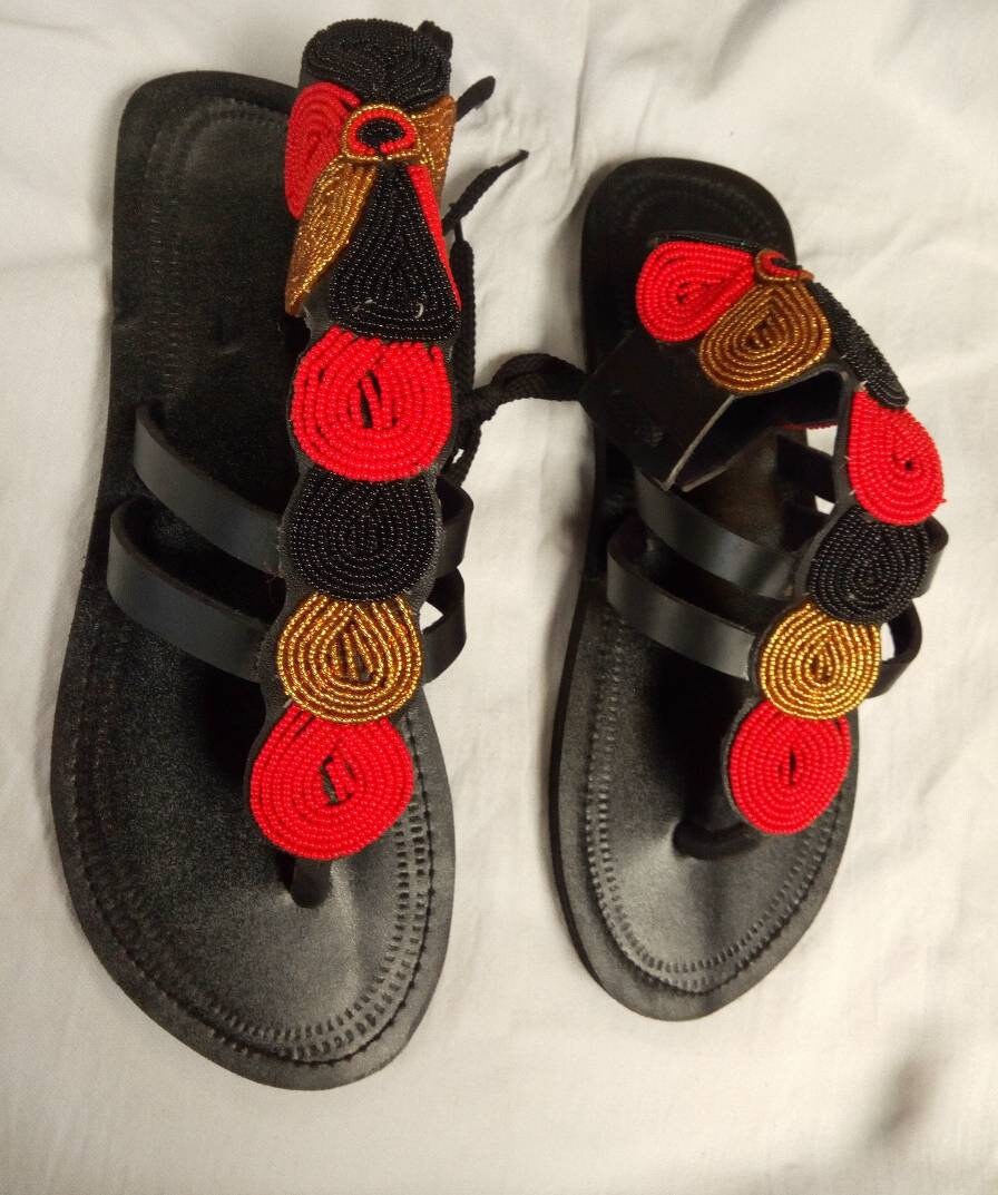 Handmade African Beaded Sandals/Authentic Maasai-Style Leather Flip-Flops Women/Boho Beach Sandals/Comfortable Summer Sandal African Gifts