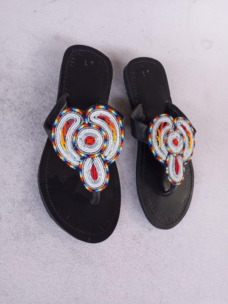 Handmade African Beaded Sandals/Authentic Maasai-Style Leather Flip-Flops Women/Boho Beach Sandals/Comfortable Summer Sandal African Gifts