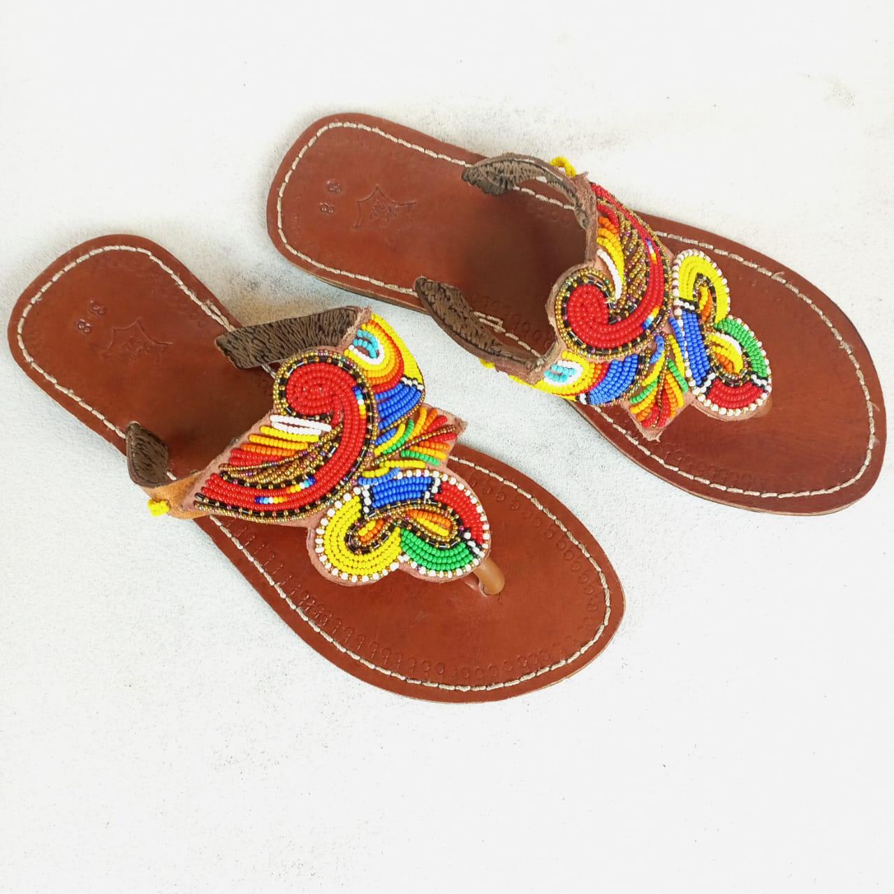 Handmade African Beaded Sandals/Authentic Maasai-Style Leather Flip-Flops Women/Boho Beach Sandals/Comfortable Summer Sandal African Gifts