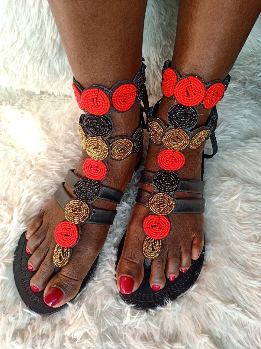 Handmade African Beaded Sandals/Authentic Maasai-Style Leather Flip-Flops Women/Boho Beach Sandals/Comfortable Summer Sandal African Gifts
