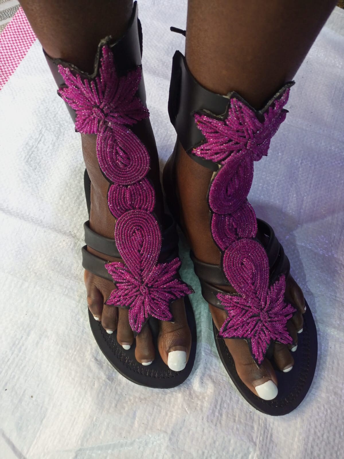 Handmade African Beaded Sandals/Authentic Maasai-Style Leather Flip-Flops Women/Boho Beach Sandals/Comfortable Summer Sandal African Gifts