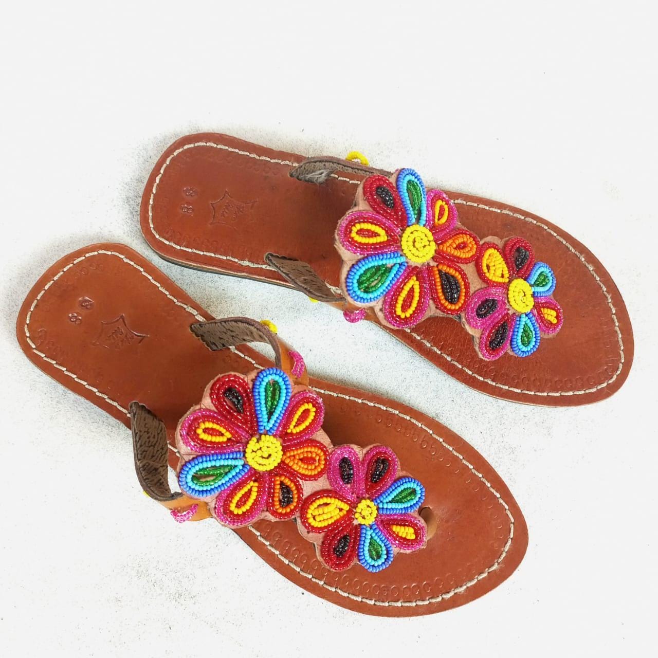 Handmade African Beaded Sandals/Authentic Maasai-Style Leather Flip-Flops Women/Boho Beach Sandals/Comfortable Summer Sandal African Gifts