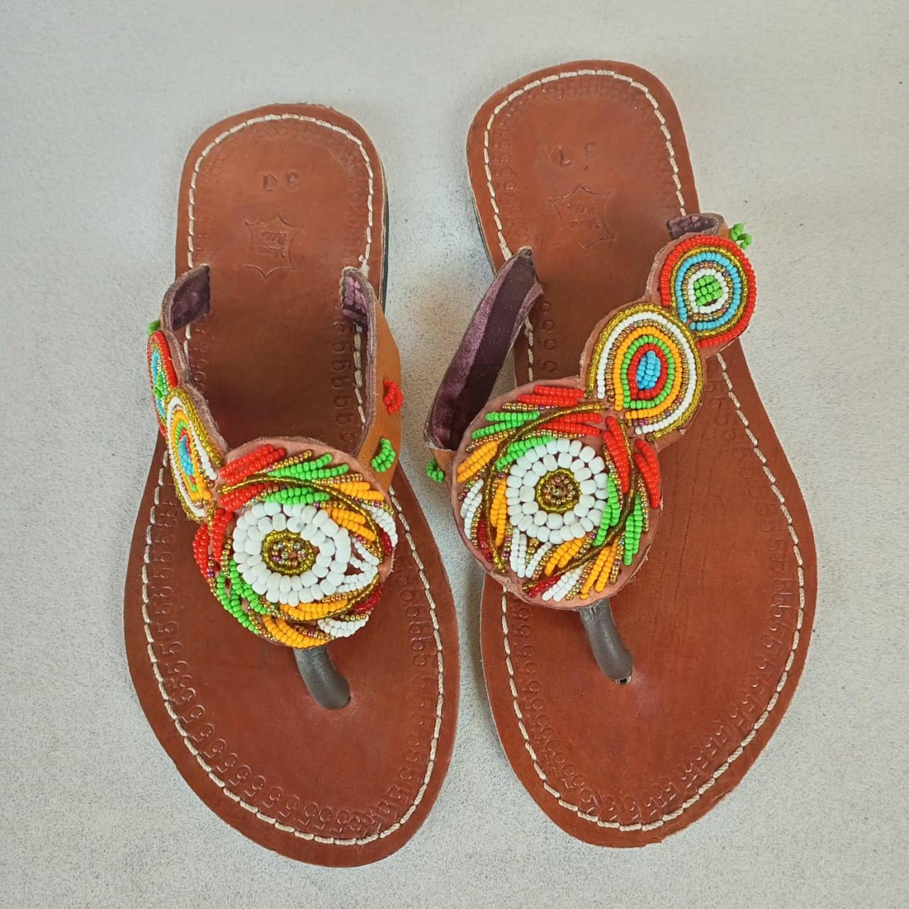 Handmade African Beaded Sandals/Authentic Maasai-Style Leather Flip-Flops Women/Boho Beach Sandals/Comfortable Summer Sandal African Gifts