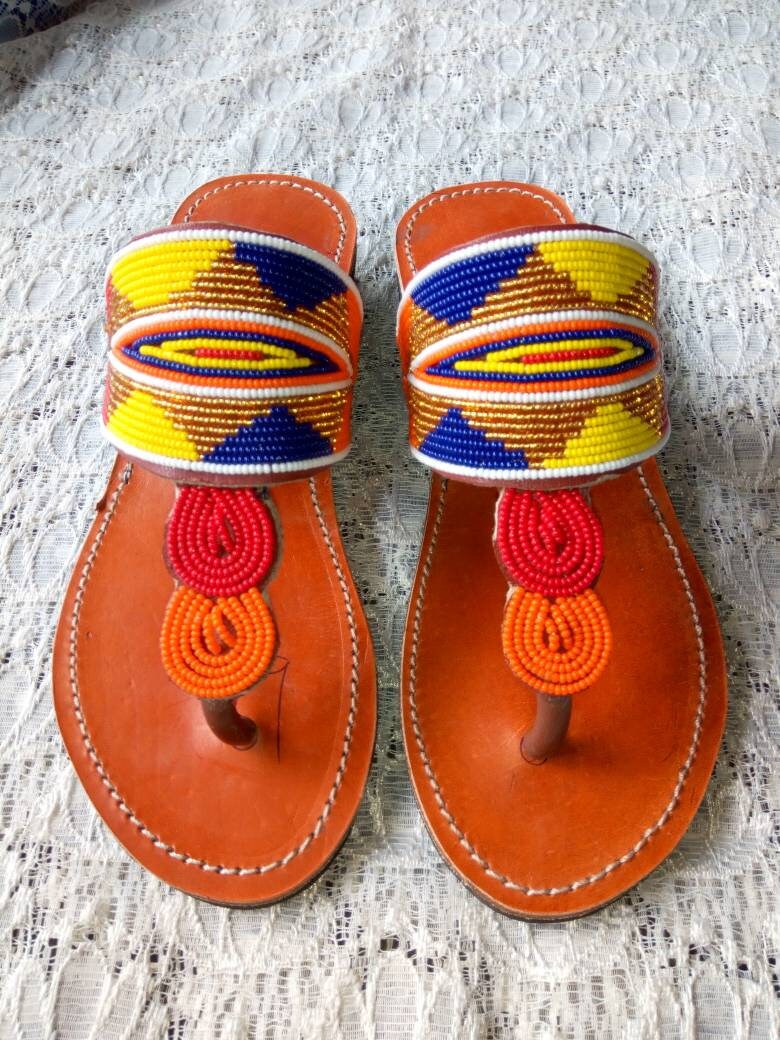 CUSTOMIZED Wedge Beaded Sandals/Authentic Maasai-Style Leather Flip-Flops Women/Boho Beach Sandals/Comfortable Summer Sandal African Gifts