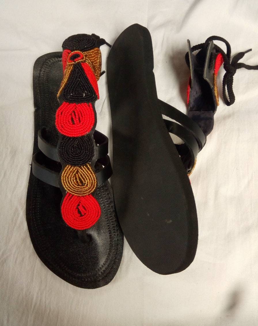 Handmade African Beaded Sandals/Authentic Maasai-Style Leather Flip-Flops Women/Boho Beach Sandals/Comfortable Summer Sandal African Gifts