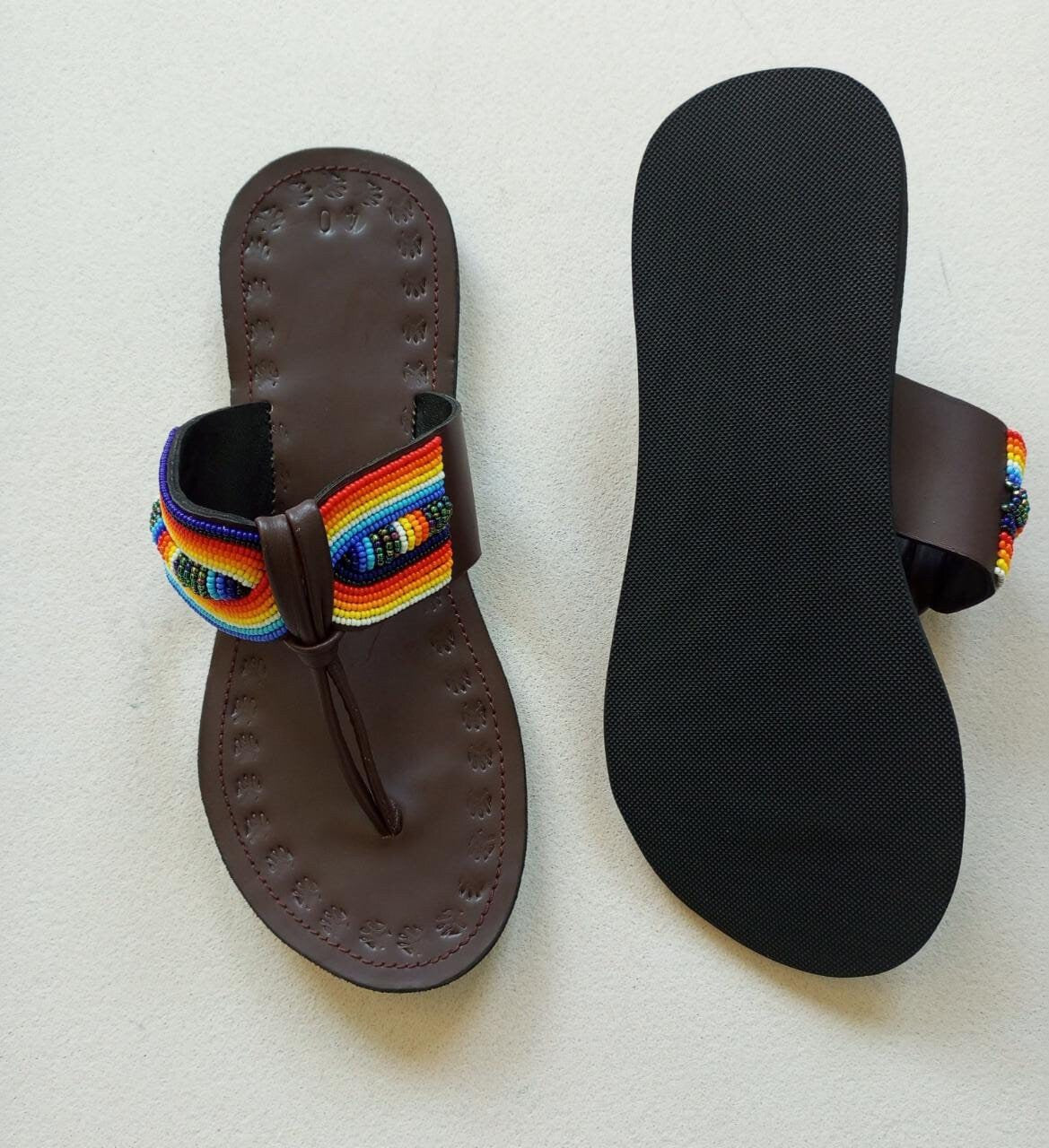 Handmade African Beaded Sandals/Authentic Maasai-Style Leather Flip-Flops Women/Boho Beach Sandals/Comfortable Summer Sandal African Gifts