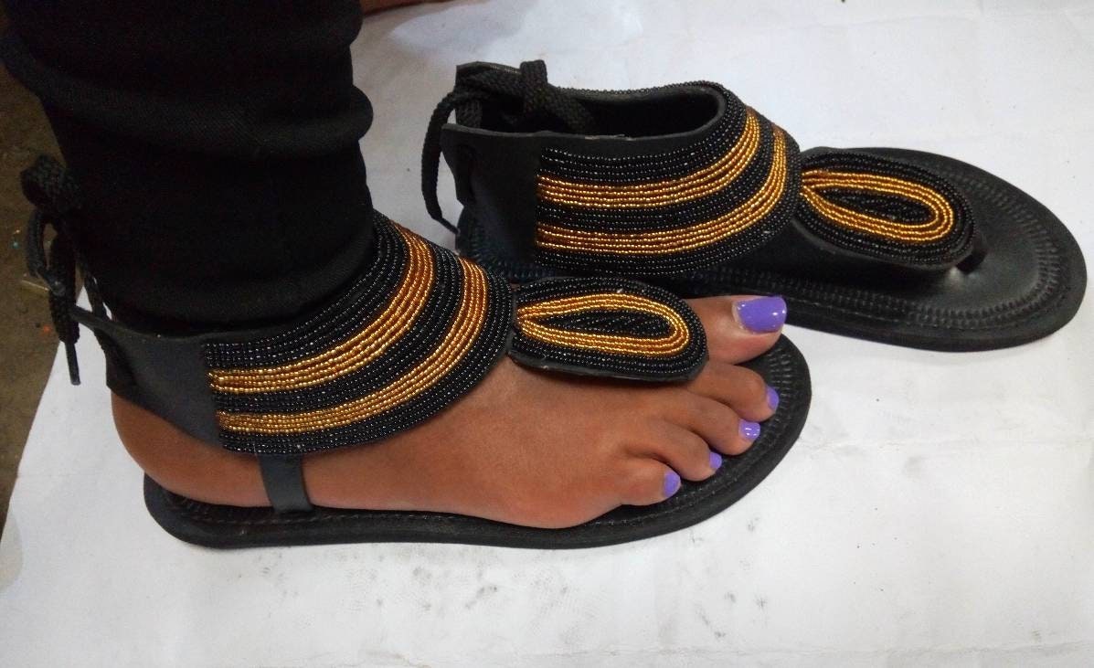 Handmade African Beaded Sandals/Authentic Maasai-Style Leather Flip-Flops Women/Boho Beach Sandals/Comfortable Summer Sandal African Gifts