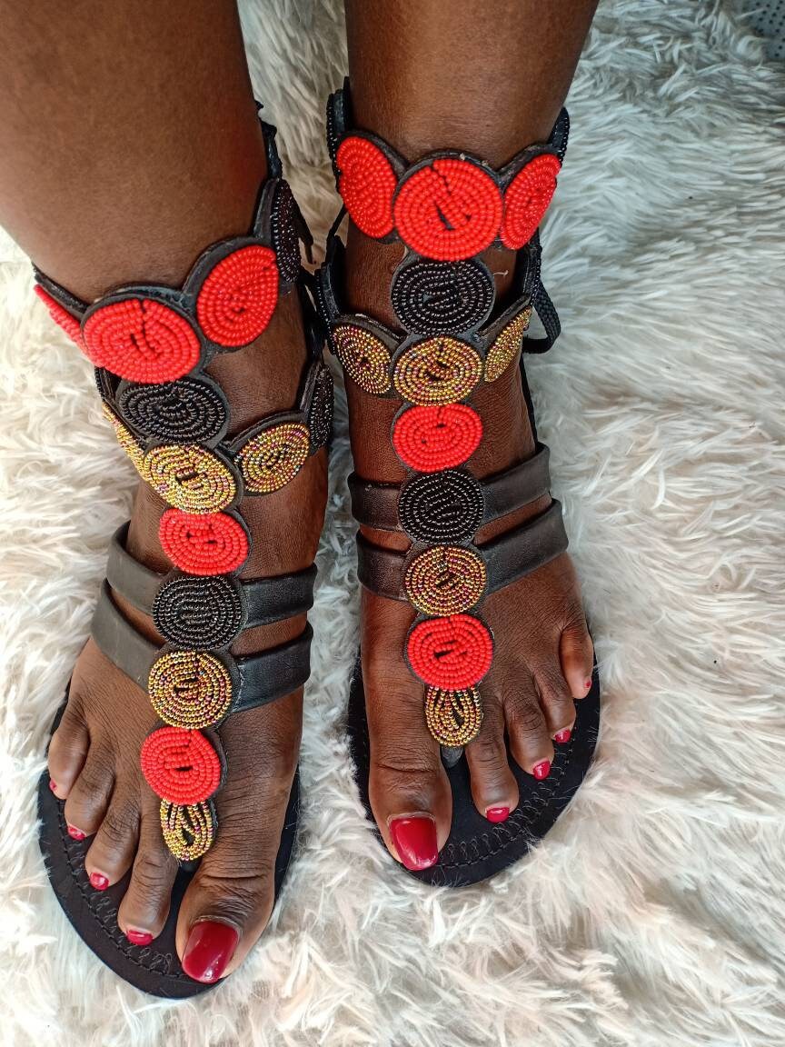 Handmade African Beaded Sandals/Authentic Maasai-Style Leather Flip-Flops Women/Boho Beach Sandals/Comfortable Summer Sandal African Gifts