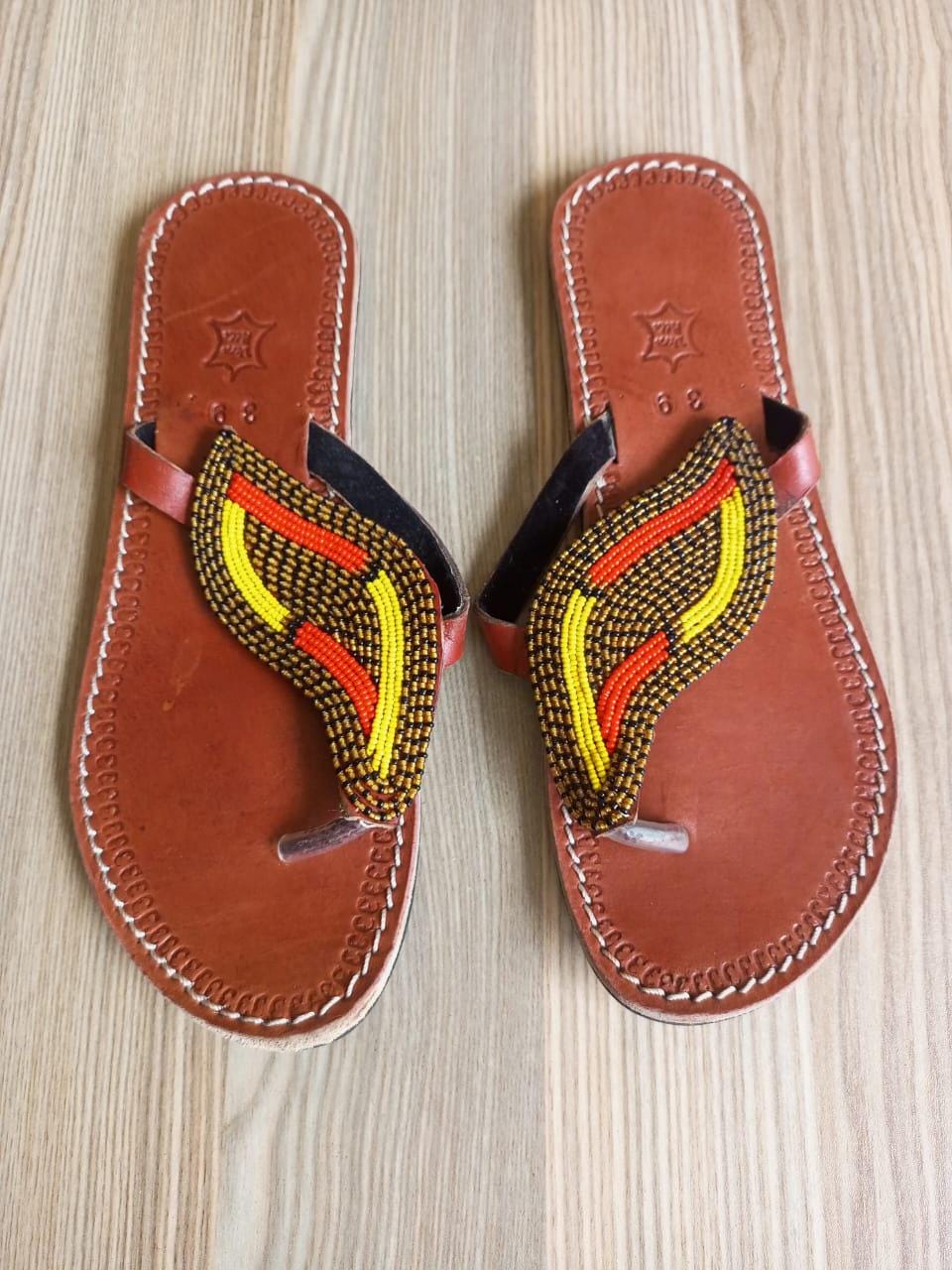 Handmade African Beaded Sandals/Authentic Maasai-Style Leather Flip-Flops Women/Boho Beach Sandals/Comfortable Summer Sandal African Gifts