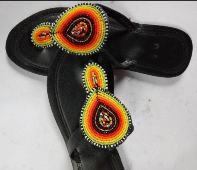 Handmade African Beaded Sandals/Authentic Maasai-Style Leather Flip-Flops Women/Boho Beach Sandals/Comfortable Summer Sandal African Gifts