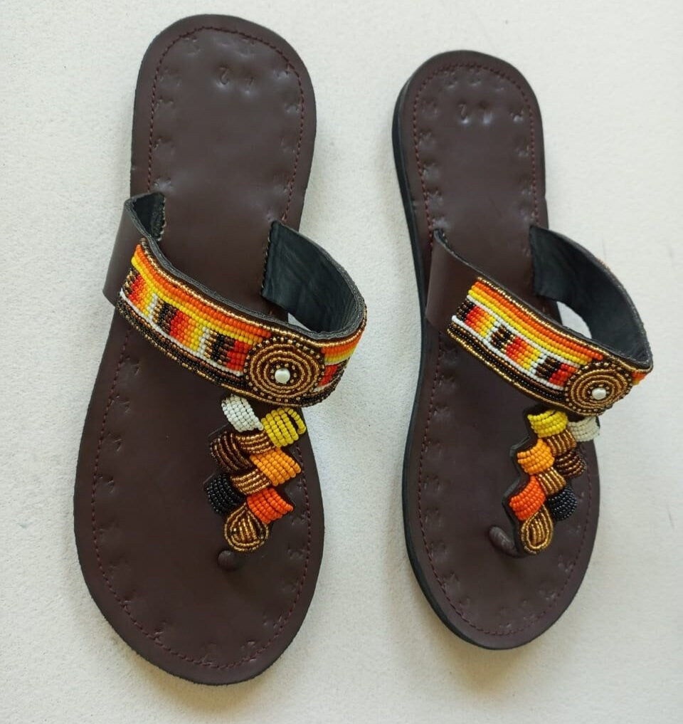 Handmade African Beaded Sandals/Authentic Maasai-Style Leather Flip-Flops Women/Boho Beach Sandals/Comfortable Summer Sandal African Gifts
