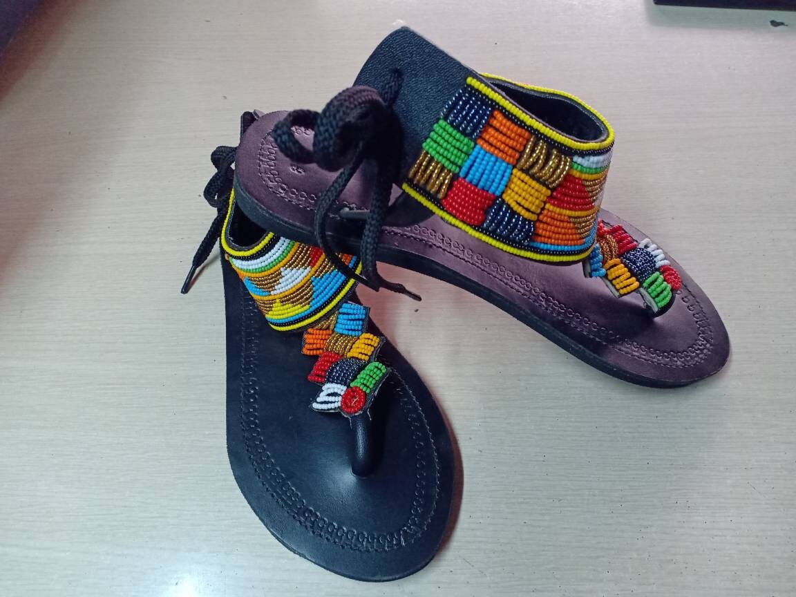 Handmade African Beaded Sandals/Authentic Maasai-Style Leather Flip-Flops Women/Boho Beach Sandals/Comfortable Summer Sandal African Gifts