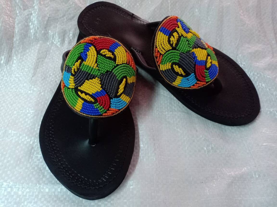 Handmade African Beaded Sandals/Authentic Maasai-Style Leather Flip-Flops Women/Boho Beach Sandals/Comfortable Summer Sandal African Gifts