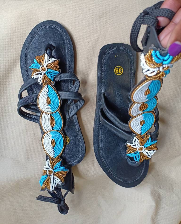 Handmade African Beaded Sandals/Authentic Maasai-Style Leather Flip-Flops Women/Boho Beach Sandals/Comfortable Summer Sandal African Gifts