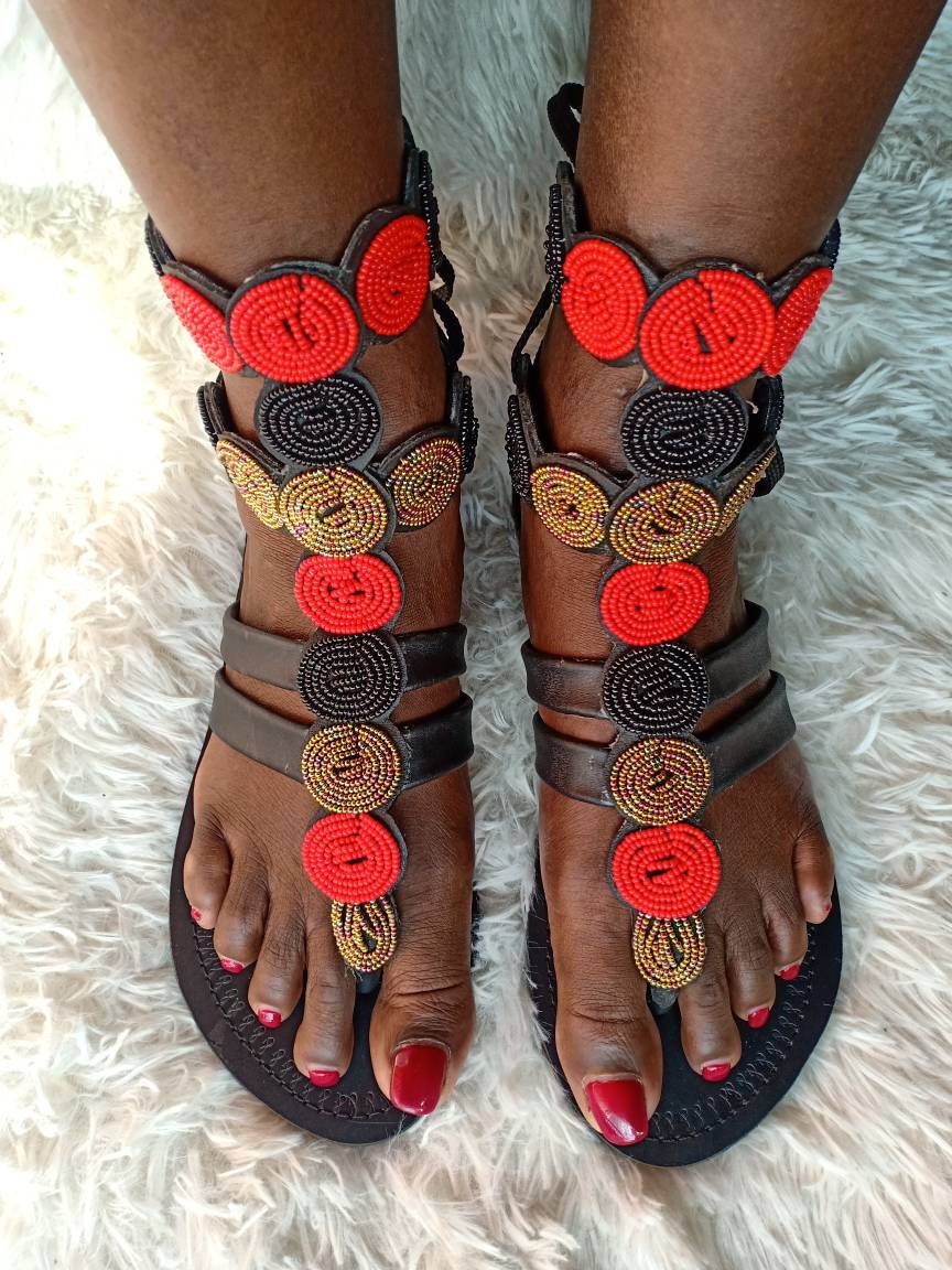 Handmade African Beaded Sandals/Authentic Maasai-Style Leather Flip-Flops Women/Boho Beach Sandals/Comfortable Summer Sandal African Gifts