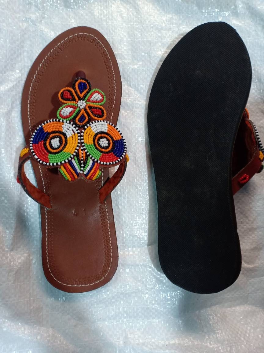 Handmade African Beaded Sandals/Authentic Maasai-Style Leather Flip-Flops Women/Boho Beach Sandals/Comfortable Summer Sandal African Gifts