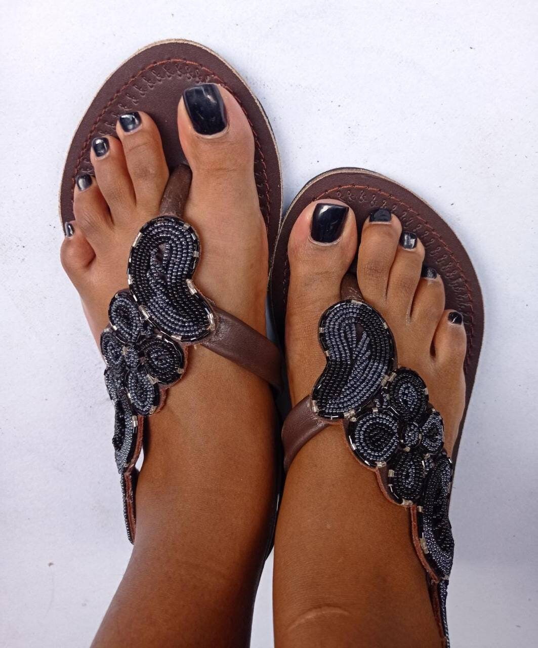 Handmade African Beaded Sandals/Authentic Maasai-Style Leather Flip-Flops Women/Boho Beach Sandals/Comfortable Summer Sandal African Gifts