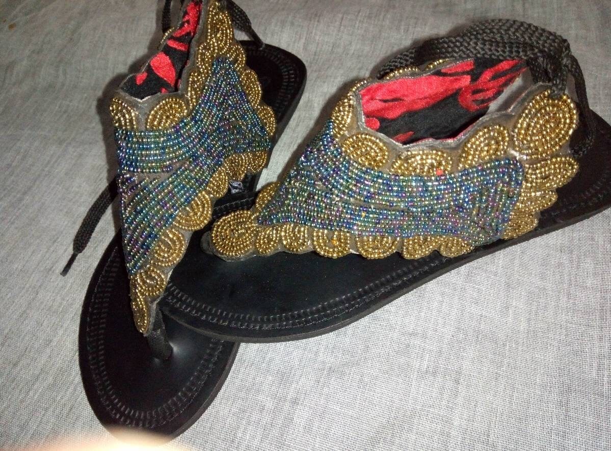 Handmade African Beaded Sandals/Authentic Maasai-Style Leather Flip-Flops Women/Boho Beach Sandals/Comfortable Summer Sandal African Gifts