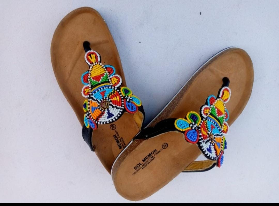 Handmade African Beaded Sandals/Authentic Maasai-Style Leather Flip-Flops Women/Boho Beach Sandals/Comfortable Summer Sandal African Gifts