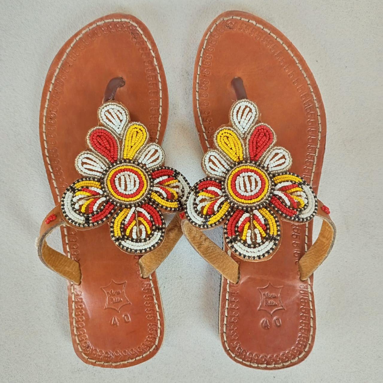 Handmade African Beaded Sandals/Authentic Maasai-Style Leather Flip-Flops Women/Boho Beach Sandals/Comfortable Summer Sandal African Gifts