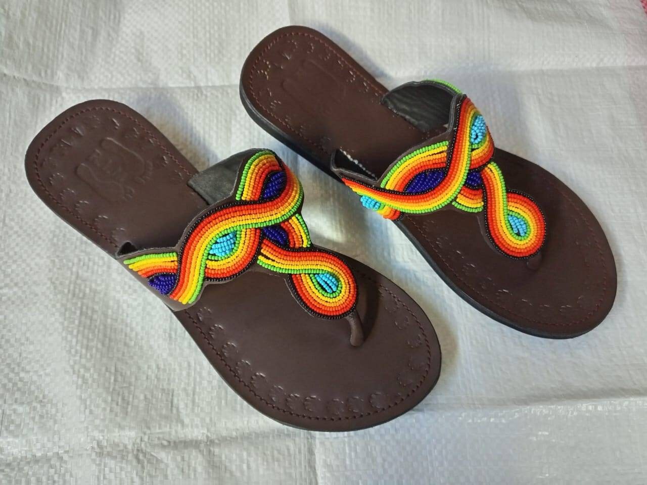 Handmade African Beaded Sandals/Authentic Maasai-Style Leather Flip-Flops Women/Boho Beach Sandals/Comfortable Summer Sandal African Gifts