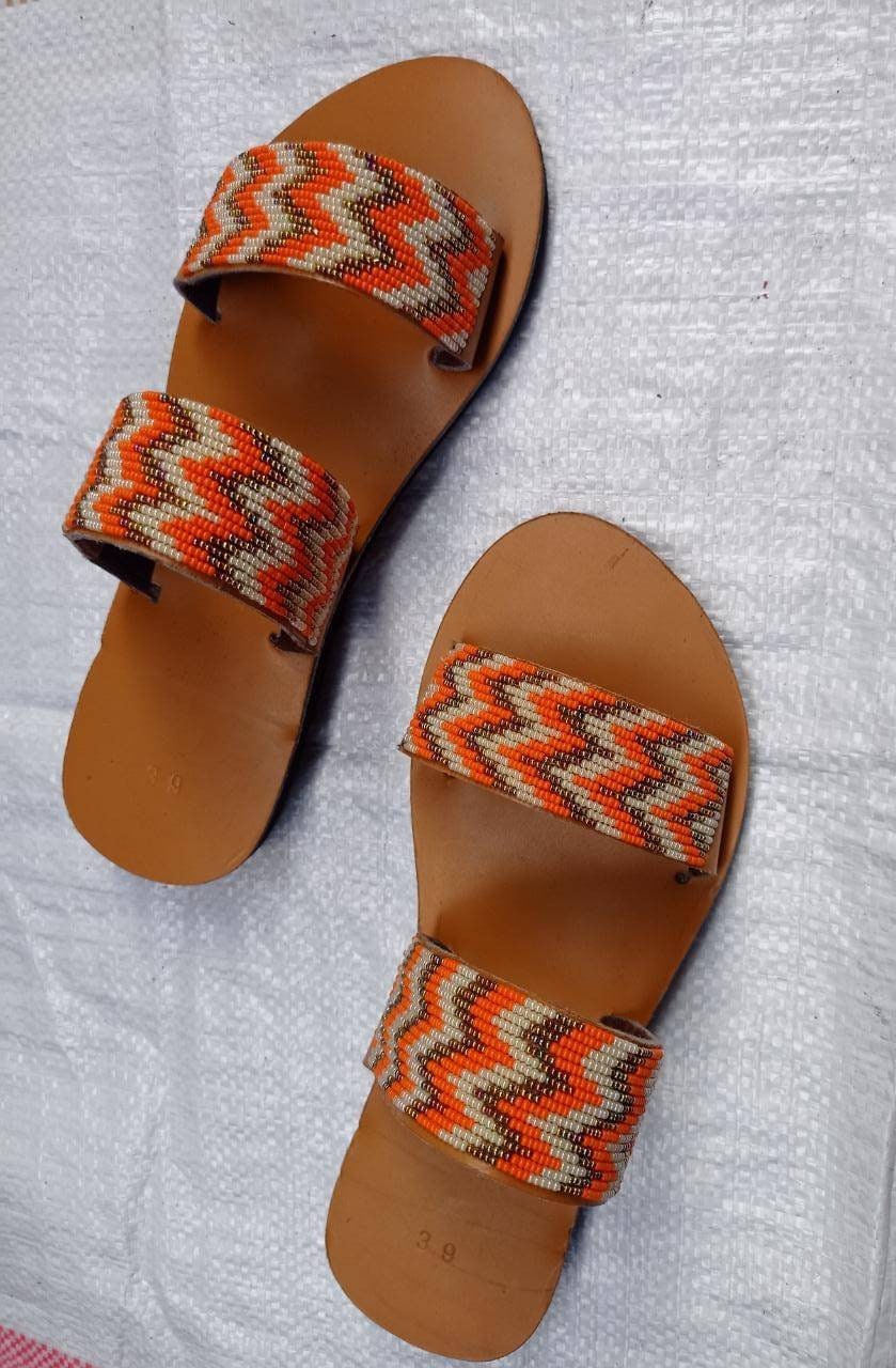 Handmade African Beaded Sandals/Authentic Maasai-Style Leather Flip-Flops Women/Boho Beach Sandals/Comfortable Summer Sandal African Gifts