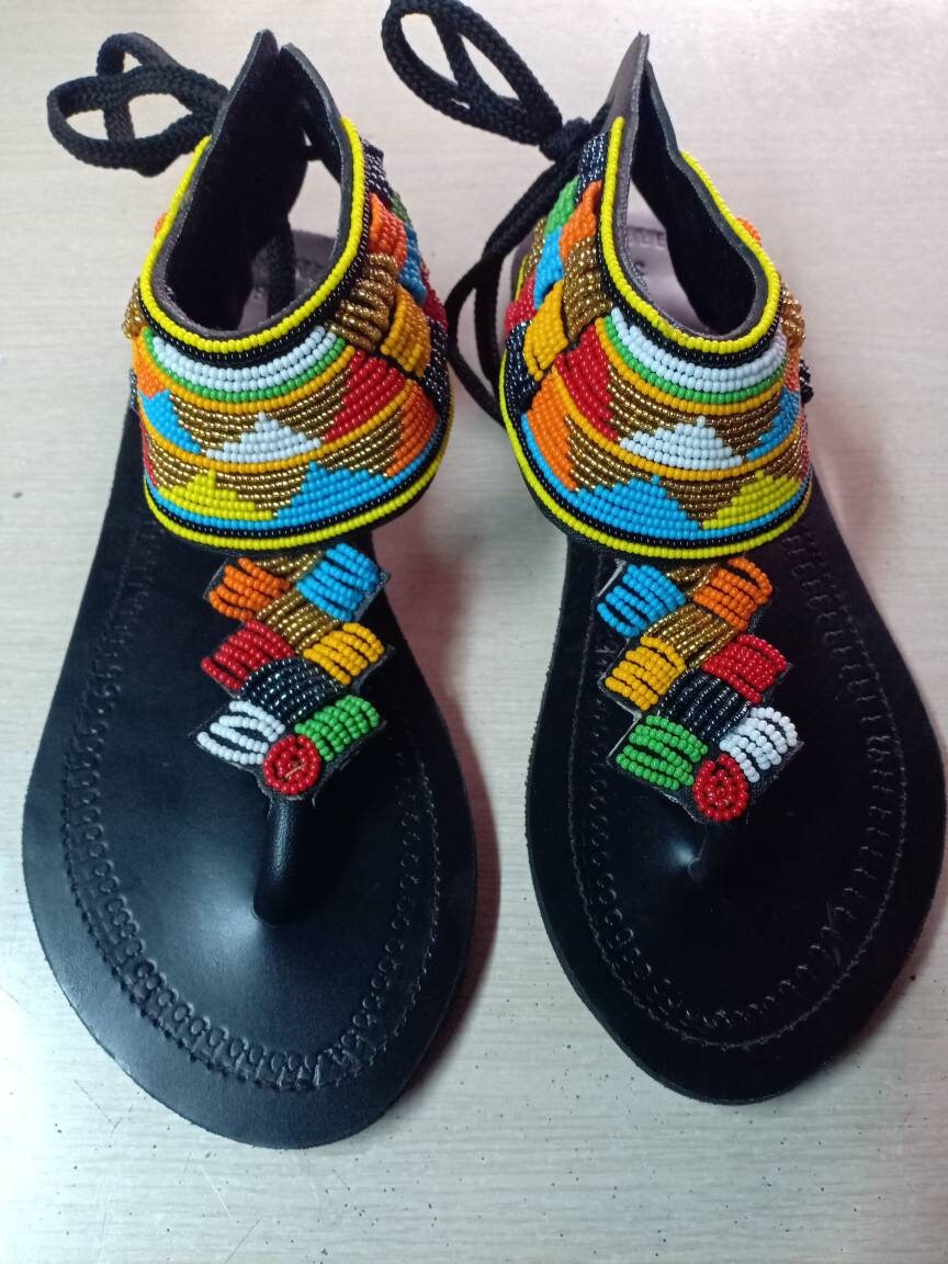 Handmade African Beaded Sandals/Authentic Maasai-Style Leather Flip-Flops Women/Boho Beach Sandals/Comfortable Summer Sandal African Gifts