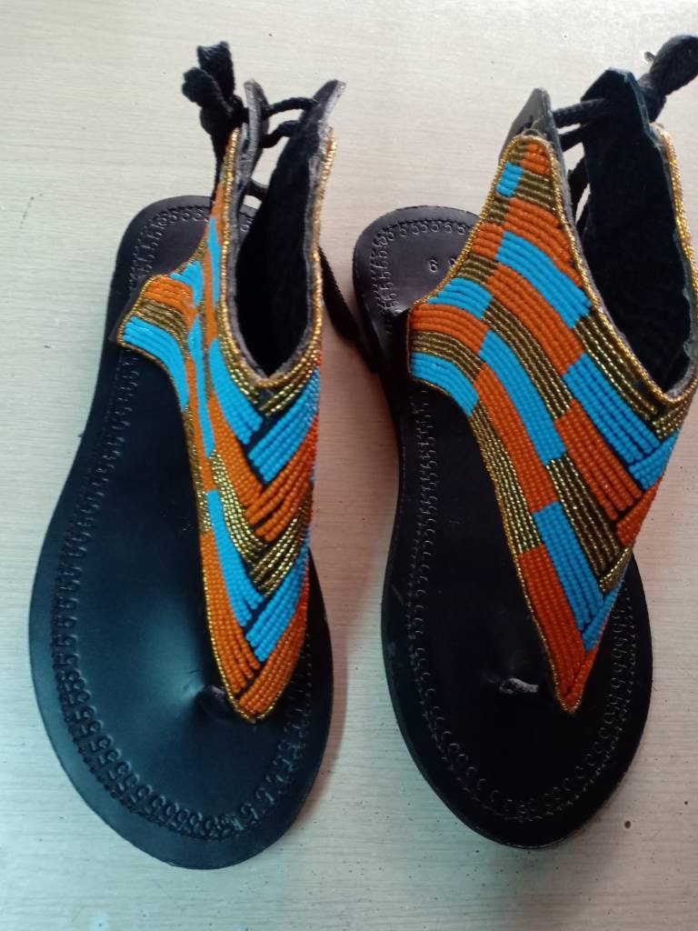 Handmade African Beaded Sandals/Authentic Maasai-Style Leather Flip-Flops Women/Boho Beach Sandals/Comfortable Summer Sandal African Gifts