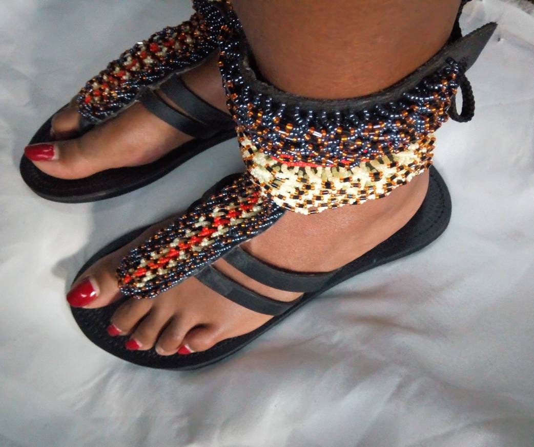 Handmade African Beaded Sandals/Authentic Maasai-Style Leather Flip-Flops Women/Boho Beach Sandals/Comfortable Summer Sandal African Gifts