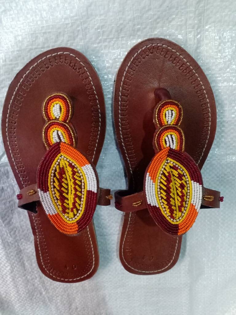 Handmade African Beaded Sandals/Authentic Maasai-Style Leather Flip-Flops Women/Boho Beach Sandals/Comfortable Summer Sandal African Gifts