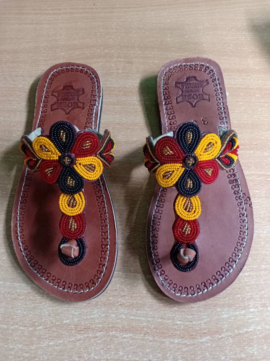Handmade African Beaded Sandals/Authentic Maasai-Style Leather Flip-Flops Women/Boho Beach Sandals/Comfortable Summer Sandal African Gifts