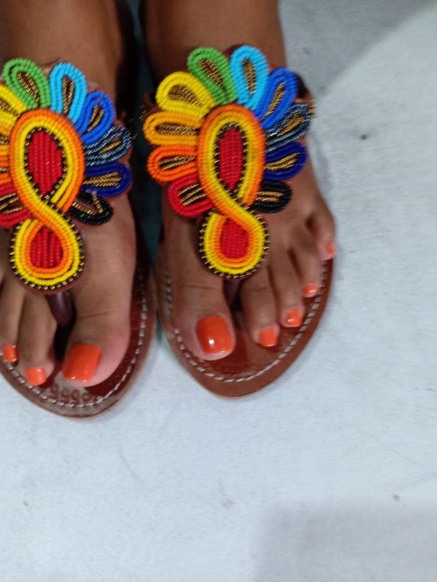Handmade African Beaded Sandals/Authentic Maasai-Style Leather Flip-Flops Women/Boho Beach Sandals/Comfortable Summer Sandal African Gifts