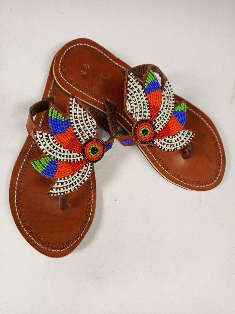 Handmade African Beaded Sandals/Authentic Maasai-Style Leather Flip-Flops Women/Boho Beach Sandals/Comfortable Summer Sandal African Gifts