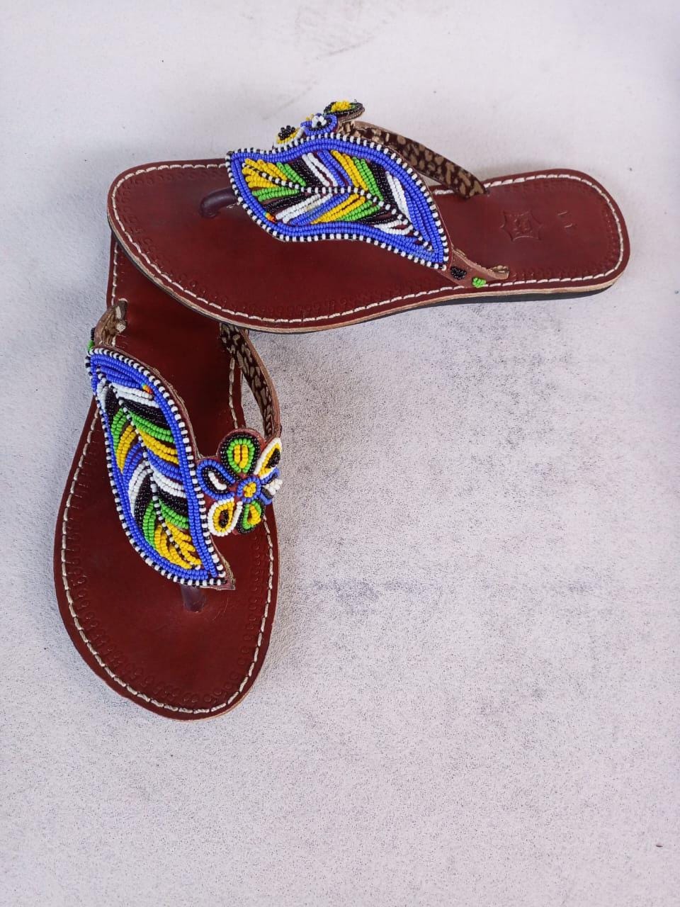 Handmade African Beaded Sandals/Authentic Maasai-Style Leather Flip-Flops Women/Boho Beach Sandals/Comfortable Summer Sandal African Gifts