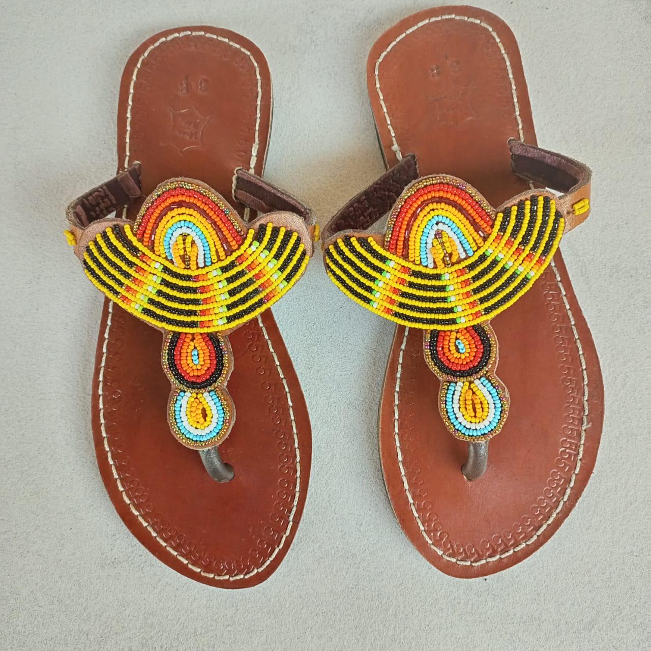 Handmade African Beaded Sandals/Authentic Maasai-Style Leather Flip-Flops Women/Boho Beach Sandals/Comfortable Summer Sandal African Gifts