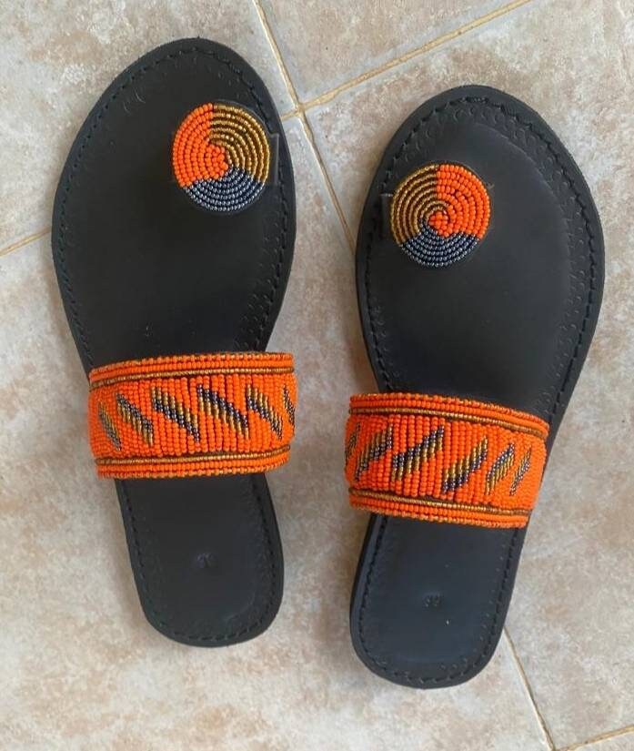 Handmade African Beaded Sandals/Authentic Maasai-Style Leather Flip-Flops Women/Boho Beach Sandals/Comfortable Summer Sandal African Gifts