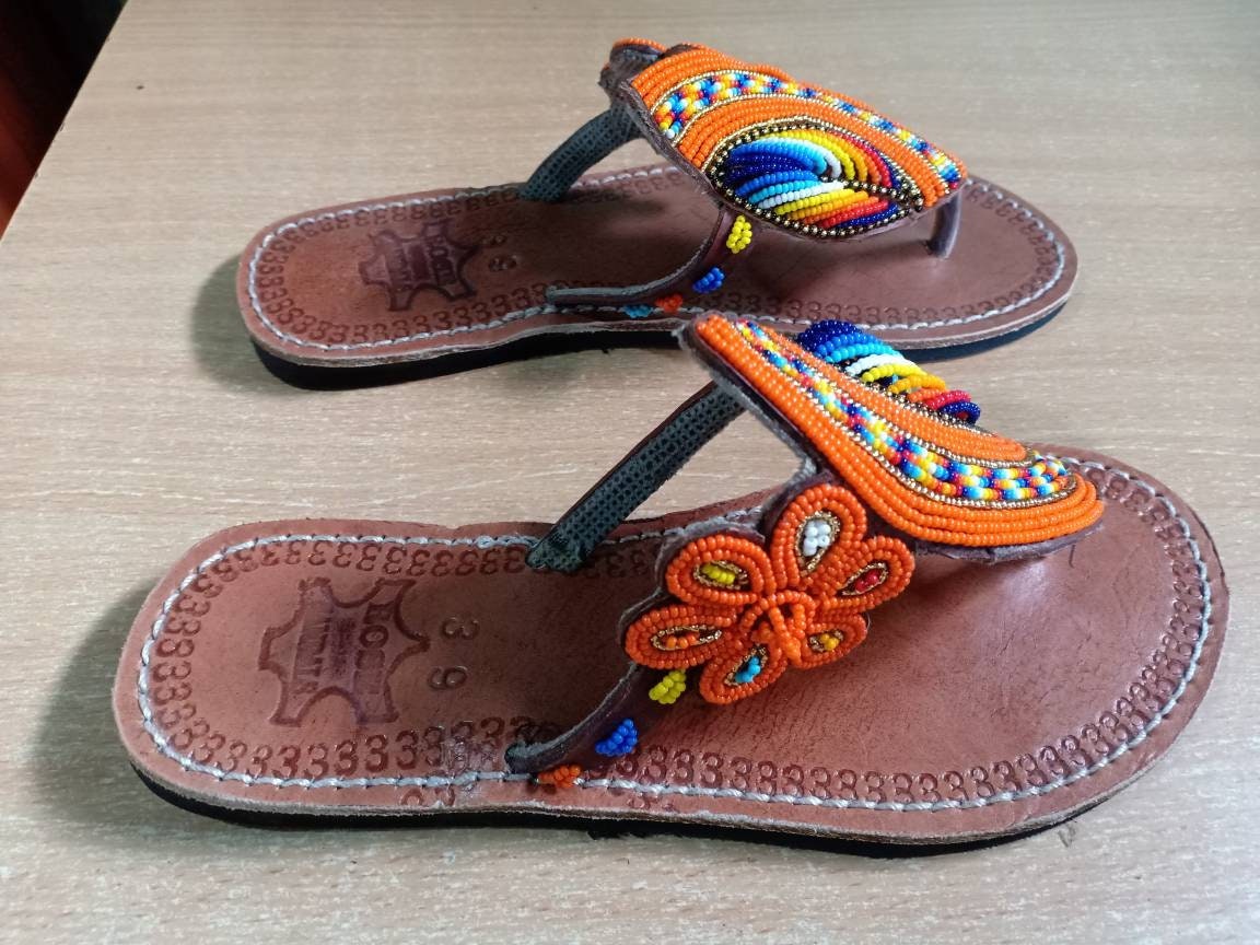 Handmade African Beaded Sandals/Authentic Maasai-Style Leather Flip-Flops Women/Boho Beach Sandals/Comfortable Summer Sandal African Gifts